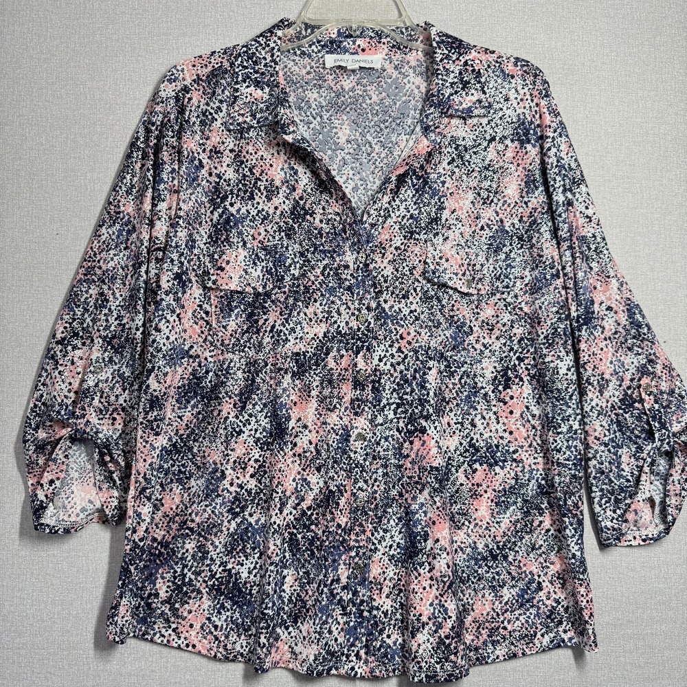 Emily Daniels Blouse Womens XL Multicolor Polka Dot‎ Button 3/4 Sleeve Tunic Top